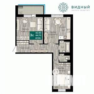3-к квартира, вторичка, 68м2, 2/8 этаж