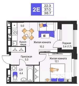 2-к квартира, строящийся дом, 39м2, 12/16 этаж