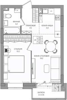 2-к квартира, вторичка, 43м2, 2/8 этаж
