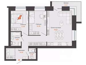 2-к квартира, вторичка, 72м2, 3/8 этаж