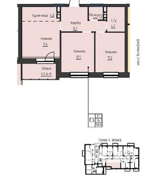 3-к квартира, вторичка, 56м2, 4/17 этаж