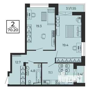 2-к квартира, сданный дом, 71м2, 13/25 этаж