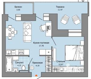 1-к квартира, вторичка, 43м2, 1/9 этаж