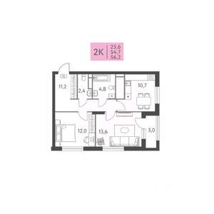 2-к квартира, строящийся дом, 56м2, 15/22 этаж