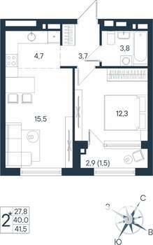 2-к квартира, строящийся дом, 42м2, 12/15 этаж