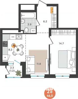 2-к квартира, вторичка, 46м2, 21/25 этаж