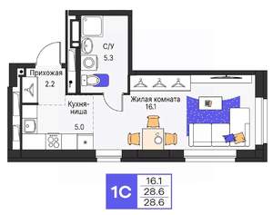 Студия квартира, строящийся дом, 29м2, 23/25 этаж