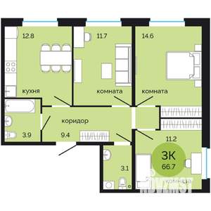 3-к квартира, вторичка, 67м2, 2/7 этаж