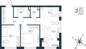 3-к квартира, строящийся дом, 55м2, 2/15 этаж