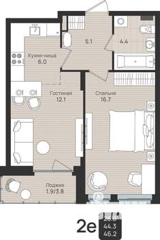 2-к квартира, вторичка, 46м2, 2/6 этаж