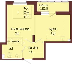 1-к квартира, строящийся дом, 40м2, 2/9 этаж