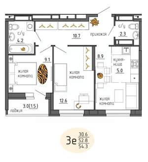 3-к квартира, строящийся дом, 54м2, 24/25 этаж