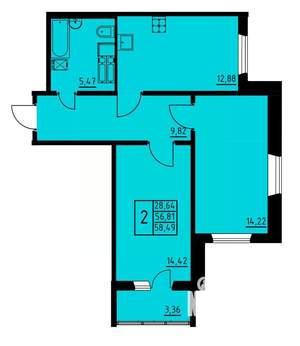 2-к квартира, вторичка, 58м2, 6/8 этаж