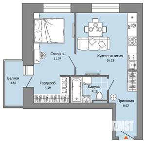 1-к квартира, вторичка, 43м2, 5/9 этаж