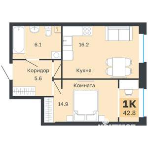 1-к квартира, вторичка, 43м2, 2/18 этаж