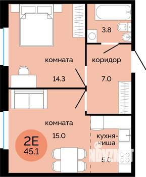 2-к квартира, вторичка, 45м2, 2/17 этаж
