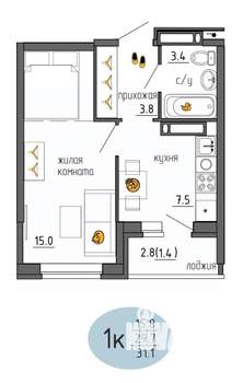 1-к квартира, строящийся дом, 31м2, 21/25 этаж