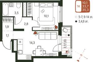 1-к квартира, строящийся дом, 35м2, 6/20 этаж
