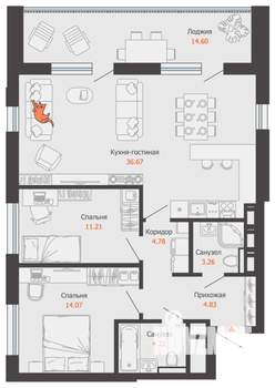 2-к квартира, вторичка, 86м2, 6/16 этаж