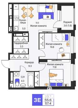 3-к квартира, строящийся дом, 57м2, 21/25 этаж