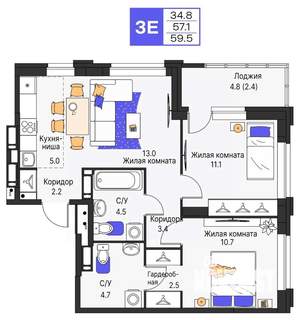 3-к квартира, строящийся дом, 60м2, 12/25 этаж