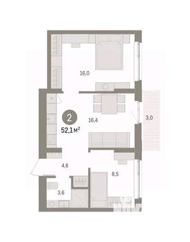 2-к квартира, вторичка, 52м2, 2/16 этаж