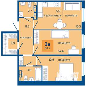3-к квартира, строящийся дом, 61м2, 6/10 этаж