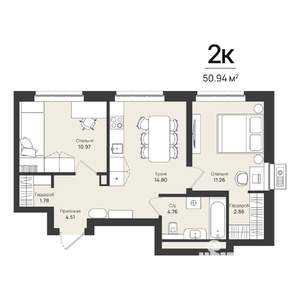 2-к квартира, строящийся дом, 51м2, 5/16 этаж