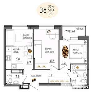 3-к квартира, строящийся дом, 52м2, 21/25 этаж