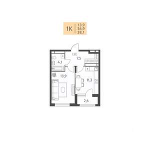 1-к квартира, вторичка, 38м2, 2/22 этаж