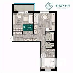 3-к квартира, вторичка, 68м2, 8/8 этаж