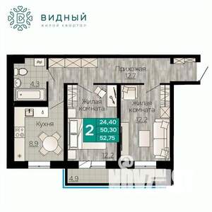 2-к квартира, вторичка, 53м2, 3/8 этаж