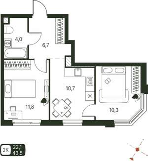 2-к квартира, строящийся дом, 44м2, 2/20 этаж