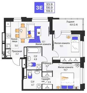 3-к квартира, строящийся дом, 59м2, 25/25 этаж