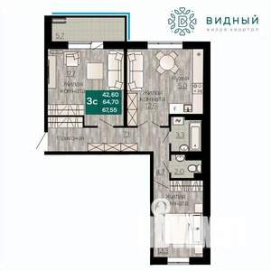 3-к квартира, вторичка, 68м2, 8/8 этаж