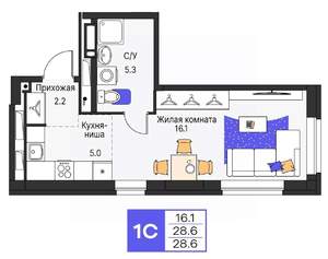 Студия квартира, строящийся дом, 29м2, 22/25 этаж