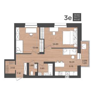 3-к квартира, строящийся дом, 61м2, 16/24 этаж