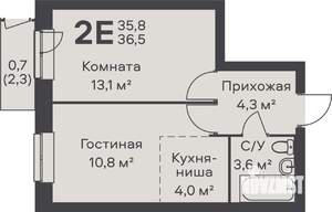 2-к квартира, строящийся дом, 37м2, 1/6 этаж
