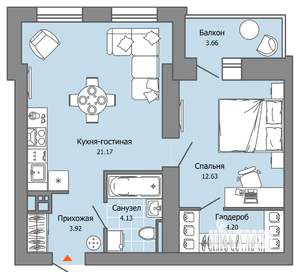1-к квартира, вторичка, 47м2, 3/7 этаж