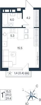 Студия квартира, строящийся дом, 29м2, 4/15 этаж