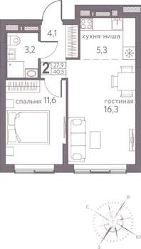 2-к квартира, строящийся дом, 41м2, 14/20 этаж