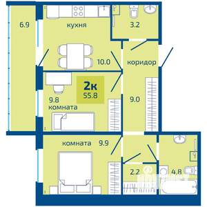 2-к квартира, вторичка, 56м2, 1/10 этаж