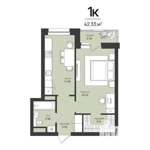 1-к квартира, строящийся дом, 42м2, 14/16 этаж