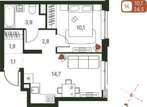 1-к квартира, строящийся дом, 35м2, 2/20 этаж
