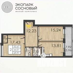 2-к квартира, вторичка, 66м2, 1/4 этаж