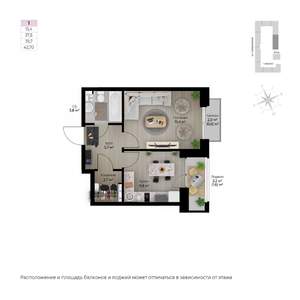 1-к квартира, строящийся дом, 43м2, 6/6 этаж