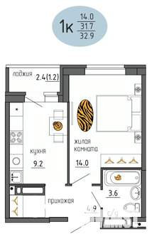 1-к квартира, строящийся дом, 33м2, 21/25 этаж