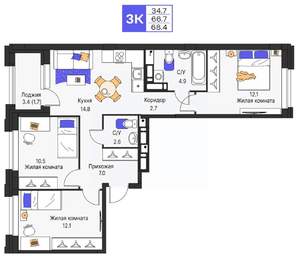 3-к квартира, строящийся дом, 68м2, 4/16 этаж