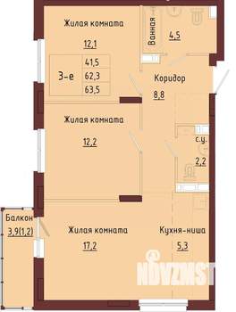 3-к квартира, строящийся дом, 66м2, 9/9 этаж