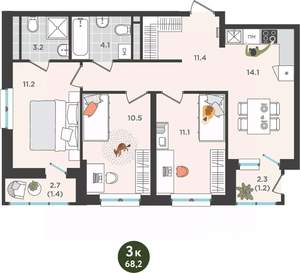 3-к квартира, вторичка, 68м2, 13/25 этаж